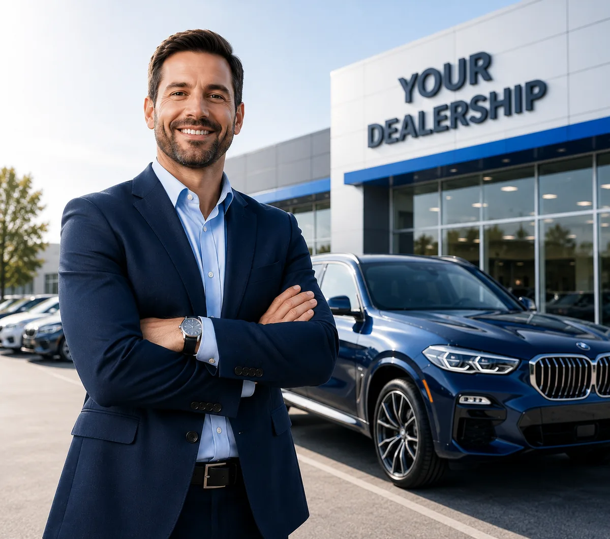 Smiling dealership manager standing with arms crossed in front of their dealership, with a blue SUV and a YOUR DEALERSHIP sign behind them